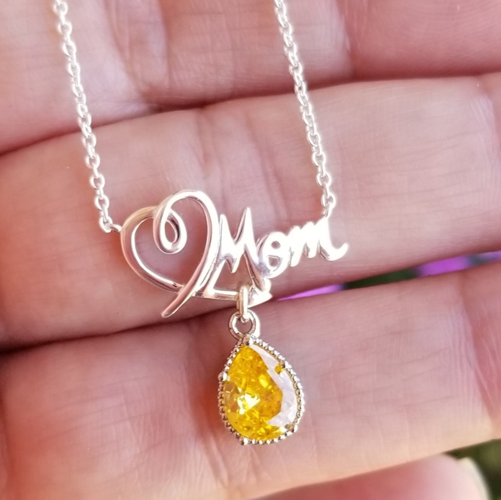 Sterling Silver Mom Pendant Necklace, Citrine Necklace, Mothers Day Gift